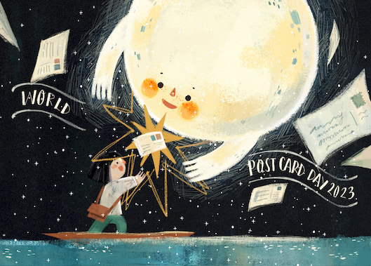 A child on a boat extends her arms up to the moon above, who is waiting for an embrace. Between them, a postcard shines, and other postcards float around.